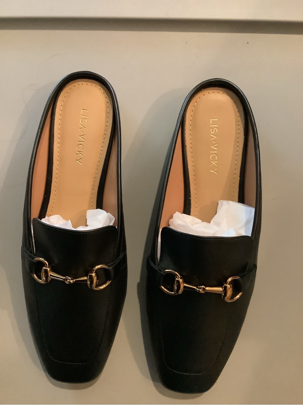 LISA VICKY Black Leather Horsebit Mules 7.5 medium Brand New